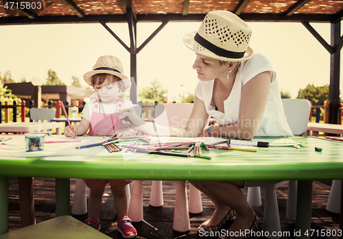 Image of mom and little daughter drawing a colorful pictures