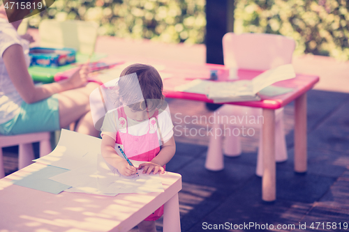 Image of mom and little daughter drawing a colorful pictures