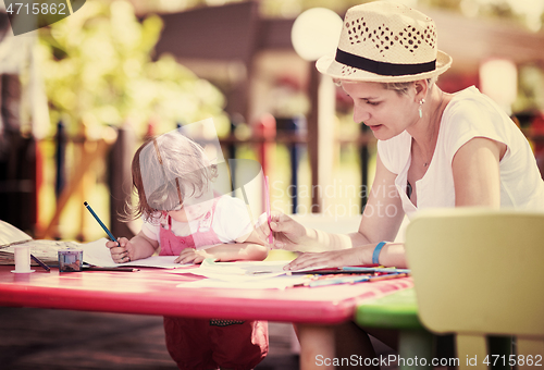 Image of mom and little daughter drawing a colorful pictures