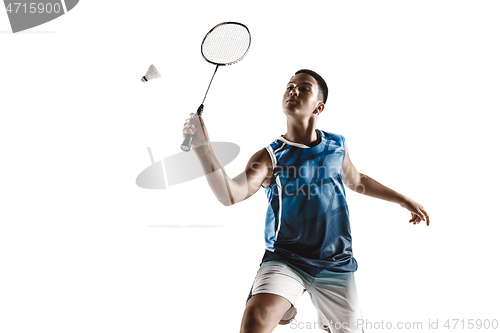 Image of Little boy playing badminton isolated on white studio background