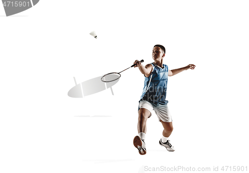 Image of Little boy playing badminton isolated on white studio background