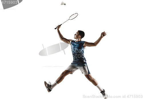 Image of Little boy playing badminton isolated on white studio background