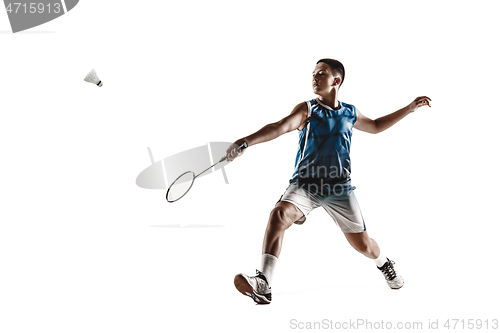 Image of Little boy playing badminton isolated on white studio background