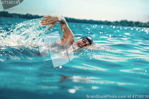 Image of Professional triathlete swimming in river\'s open water