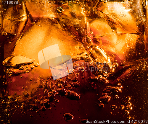 Image of Close up view of the ice cubes in dark cola background