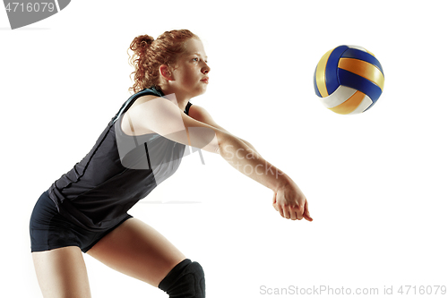 Image of Young female volleyball player isolated on white studio background