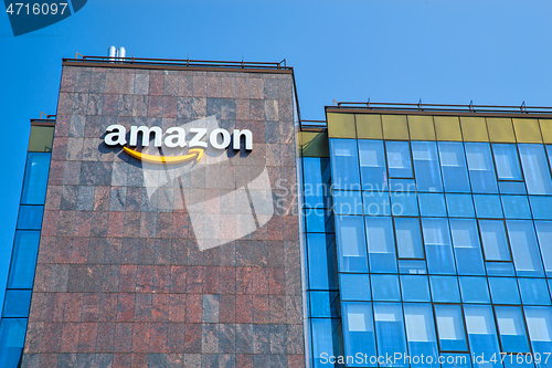 Image of Giant company Amazon logo on modern office building