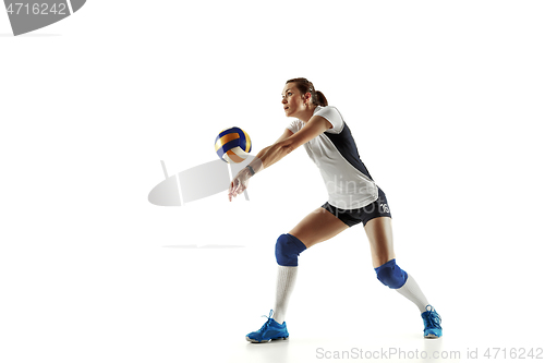 Image of Young female volleyball player isolated on white studio background