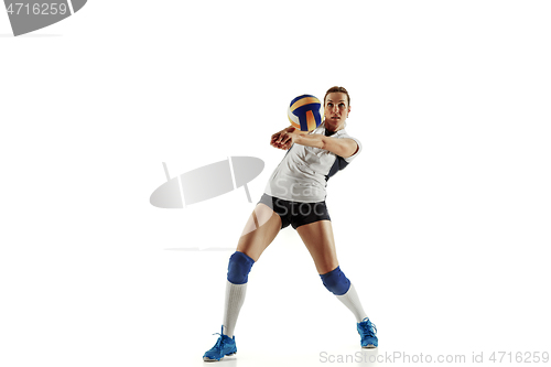 Image of Young female volleyball player isolated on white studio background