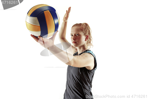 Image of Young female volleyball player isolated on white studio background