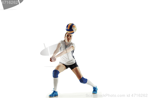 Image of Young female volleyball player isolated on white studio background