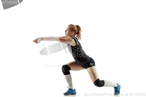 Image of Young female volleyball player isolated on white studio background