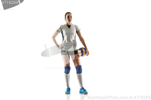 Image of Young female volleyball player isolated on white studio background