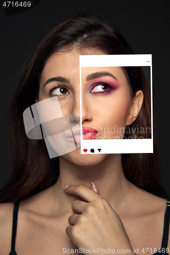 Image of Lie and another life in social media. Girl with make up in photo frame and no make up in real life. Playing pretend.