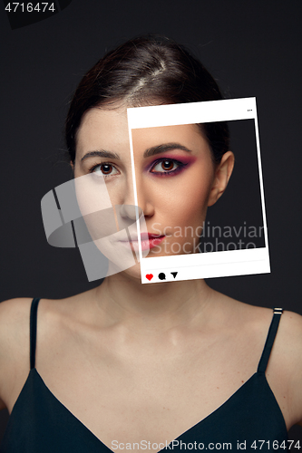 Image of Lie and another life in social media. Girl with make up in photo frame and no make up in real life. Playing pretend.