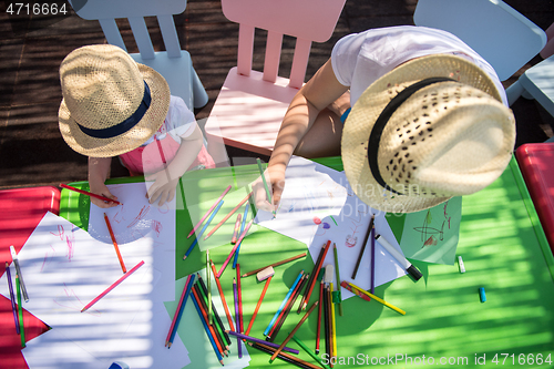 Image of mom and little daughter drawing a colorful pictures