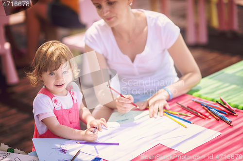 Image of mom and little daughter drawing a colorful pictures