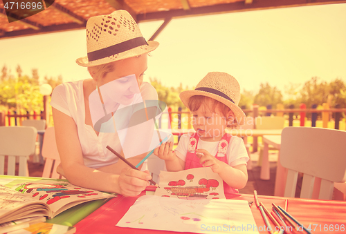 Image of mom and little daughter drawing a colorful pictures