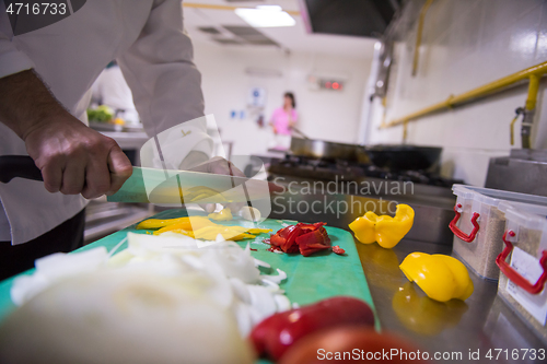 Image of Chef hands cutting fresh and delicious vegetables