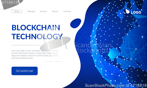 Image of Blockchain technology futuristic hud banner with world globe.