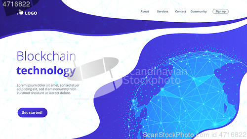 Image of Blockchain technology futuristic hud banner with world globe.