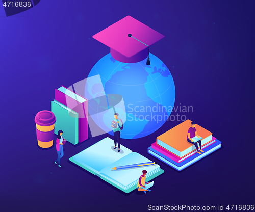 Image of Global online education isometric 3D concept illustration.