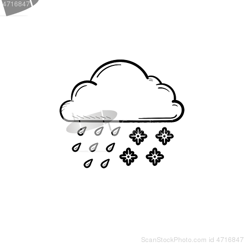 Image of Cloud with snow and rain hand drawn outline doodle icon.