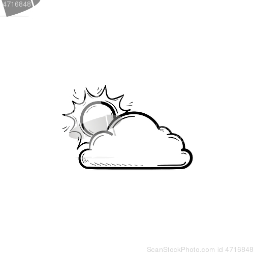 Image of Sun with cloud hand drawn outline doodle icon.