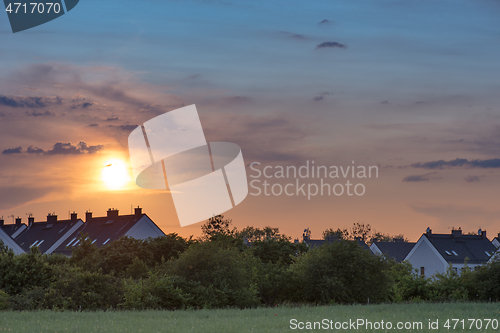 Image of Houses and trees at sunset