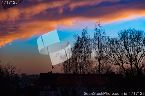 Image of Houses and trees at sunset