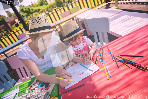 Image of mom and little daughter drawing a colorful pictures