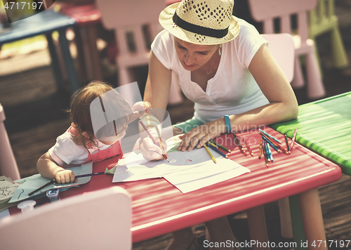 Image of mom and little daughter drawing a colorful pictures