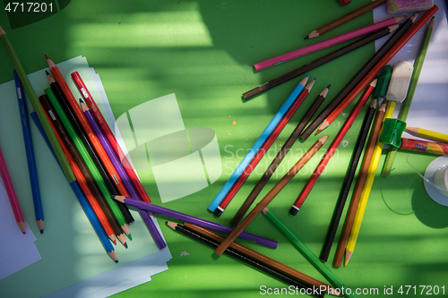 Image of top view of pencil crayons colorful drawing set