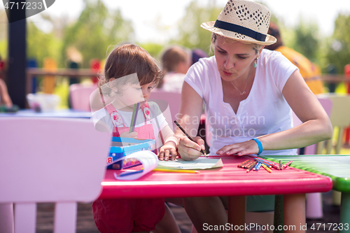 Image of mom and little daughter drawing a colorful pictures