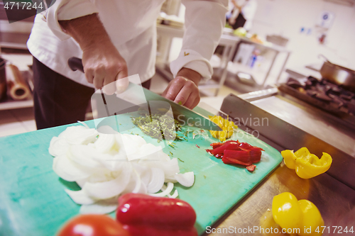 Image of Chef hands cutting fresh and delicious vegetables