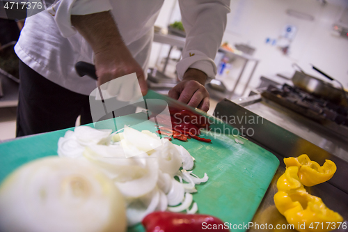 Image of Chef hands cutting fresh and delicious vegetables