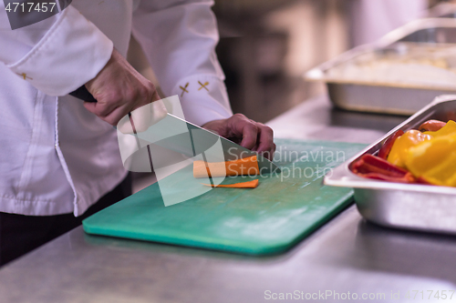 Image of Chef hands cutting fresh and delicious vegetables