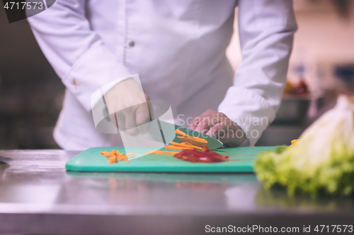 Image of Chef hands cutting fresh and delicious vegetables