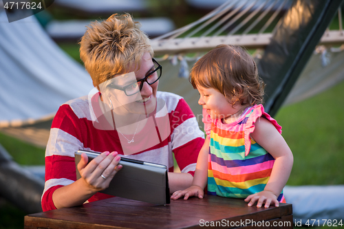 Image of mom and her little daughter using tablet computer