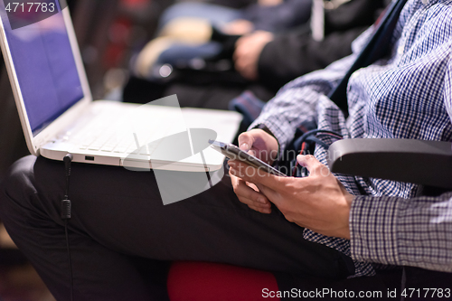 Image of business people hands using laptop computer