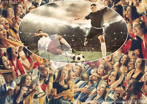 Image of Group of happy fans are cheering for their team victory