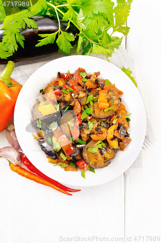 Image of Ragout with eggplant and pepper on light board top