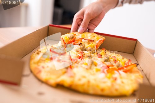 Image of Pizza take away and eating at home
