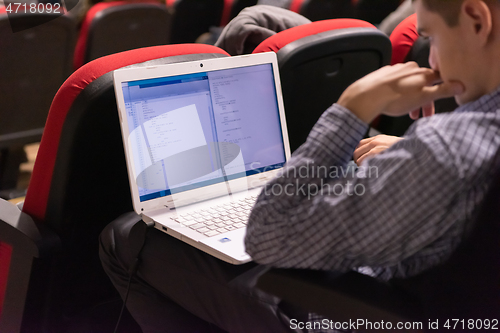 Image of business people hands using laptop computer