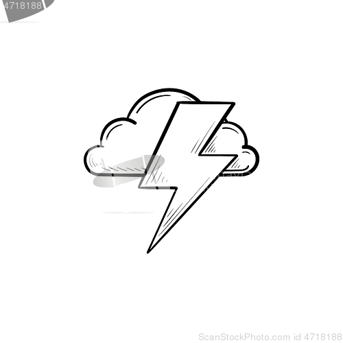 Image of Cloud and lightning bolt hand drawn outline doodle icon.