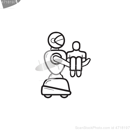 Image of Medical robot carrying patient hand drawn outline doodle icon.