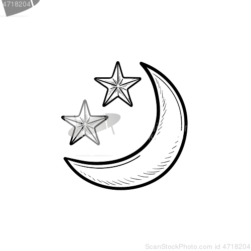 Image of Crescent moon and stars hand drawn outline doodle icon.