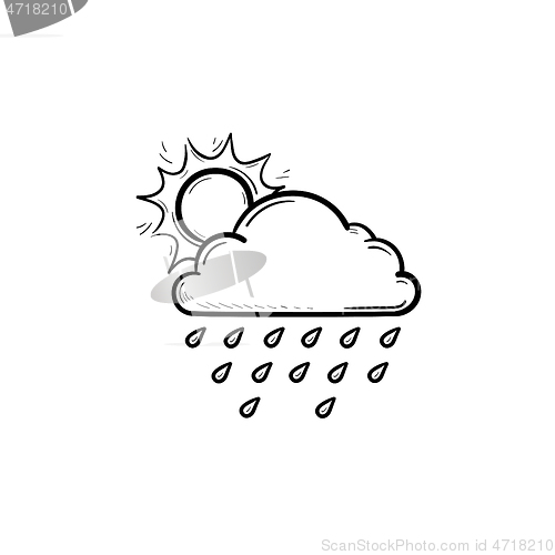 Image of Sun with raincloud hand drawn outline doodle icon.