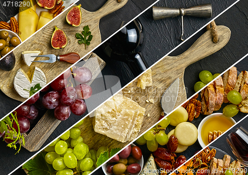 Image of Top view of tasty cheese plate with fruit on the black stone