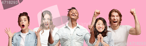 Image of Half-length close up portrait of young people on pink background.